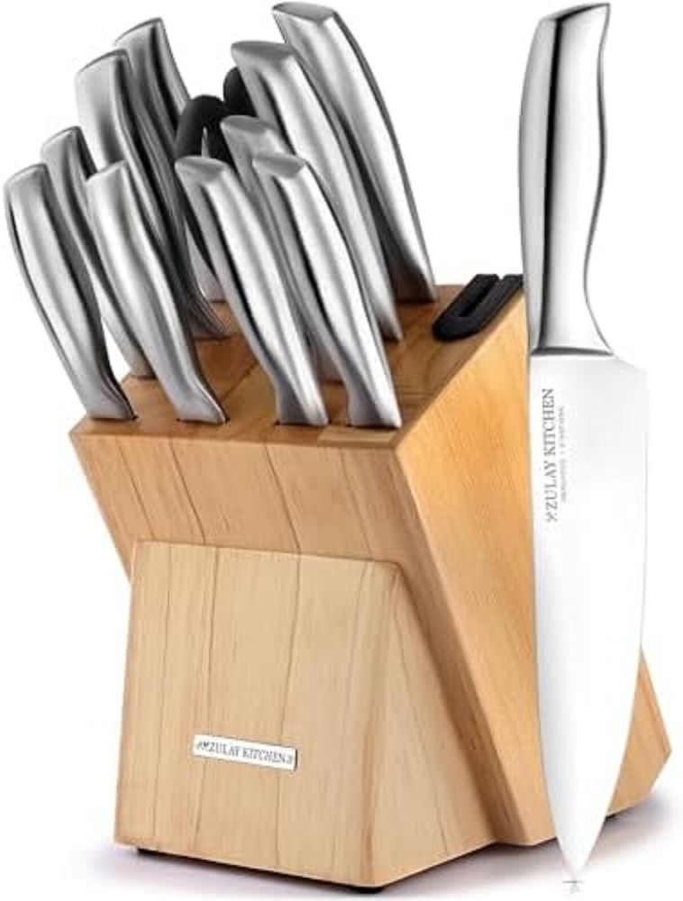Knife Set, 12-Piece Kitchen Knife Set with Block Wooden German Stainless Steel