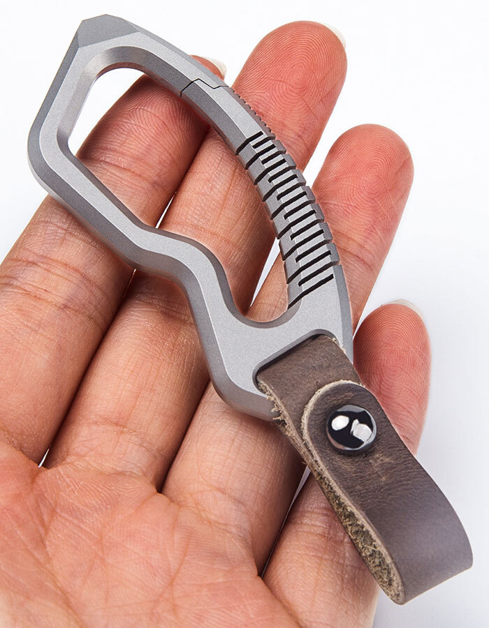 Titanium Alloy + Leather Keychain Carabiner Removable Pendant EDC Crowbar Tool