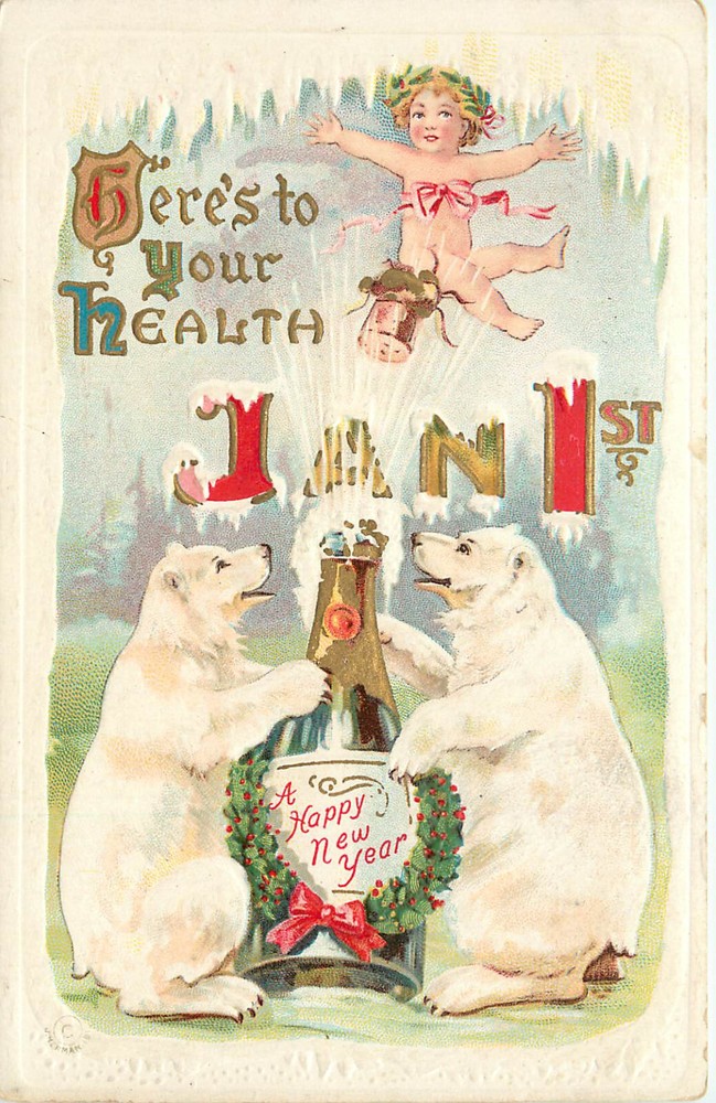 Embossed New Years Postcard Polar Bears Open Champagne Baby Flies on Cork M-576-image