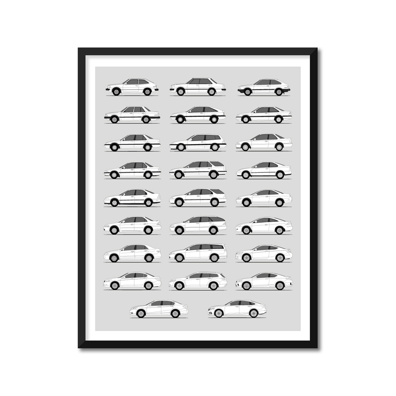 Honda Accord Generations (Side Profile) Poster Print Wall Art History Evolution