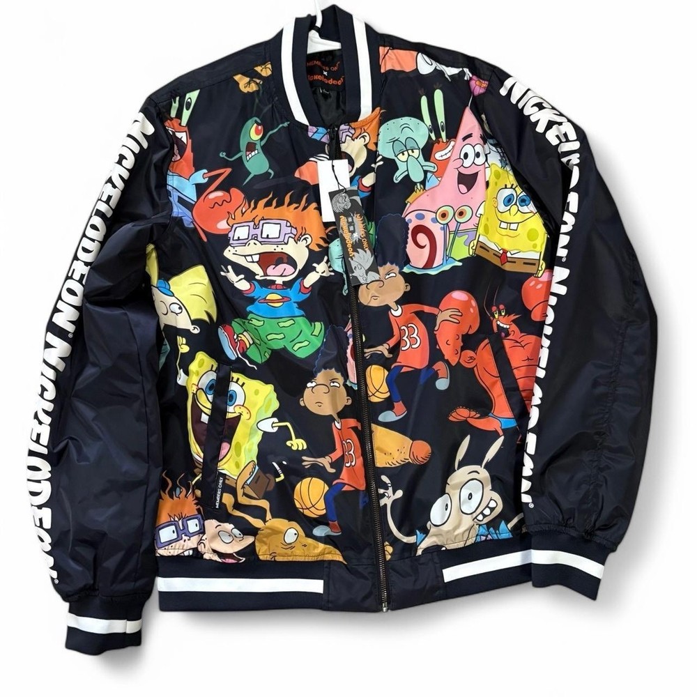 Members Only x Nickelodeon Varsity Jacket L Black Cartoon Print Striped Ribbing