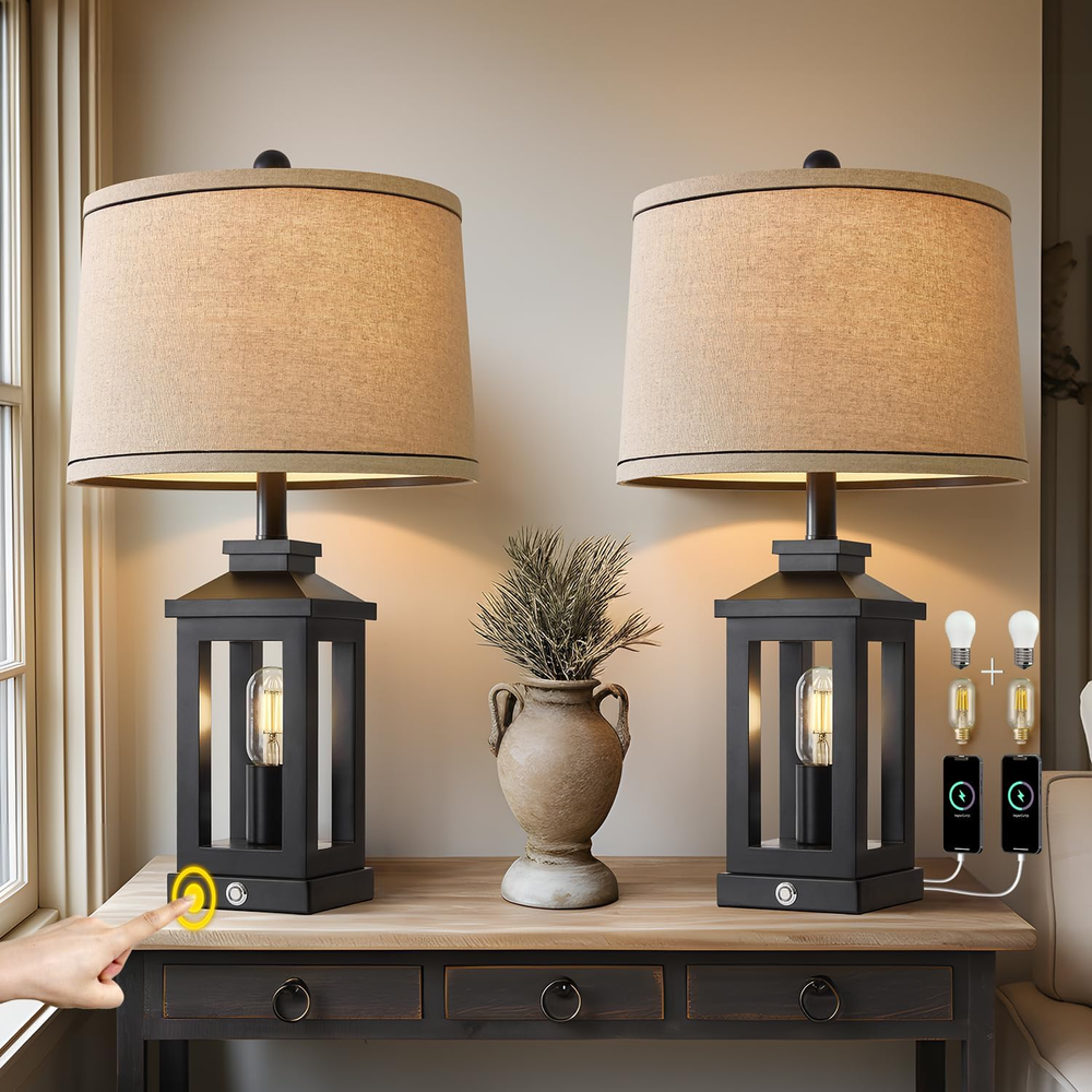 23.75-Inch Retro Farmhouse Black Table Lamp for Living Room Bedroom Nightstand Set with On Off Switch