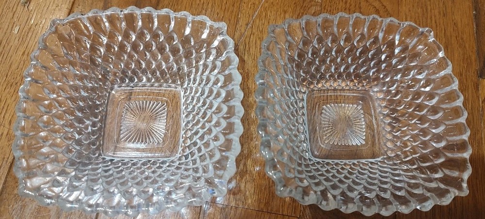 Vintage Clear Hobnail Diamond Square Trinket Bowls 4.5 Inch