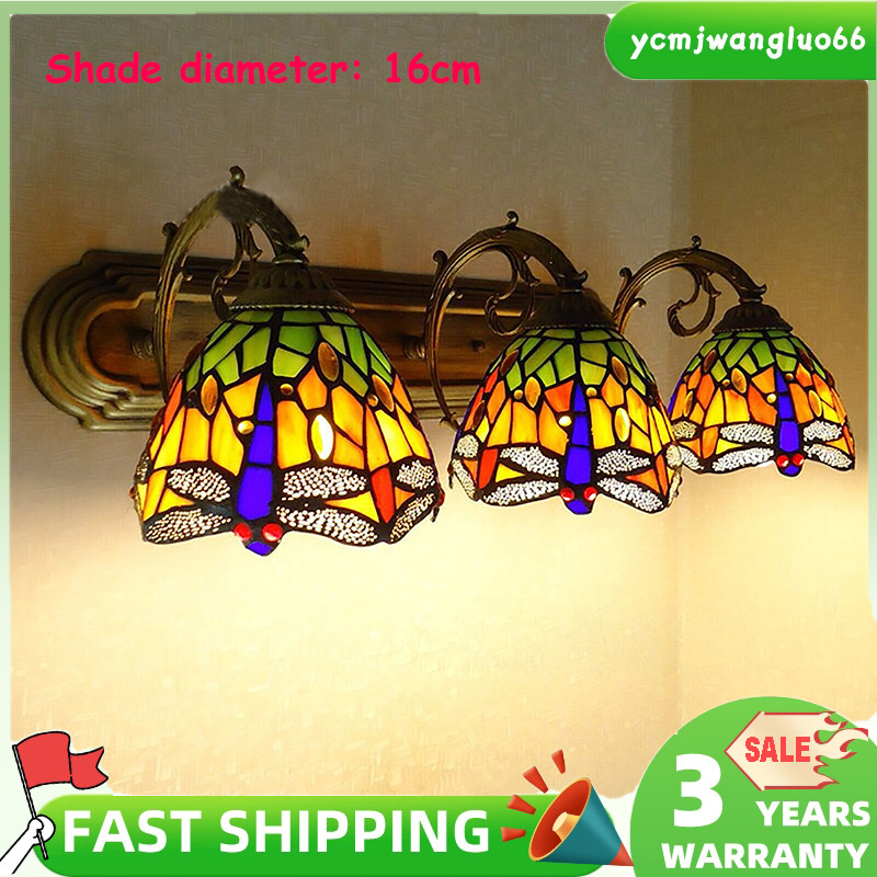 Dragonfly Wall Sconce Lamp Stained Glass Bathroom Lighting Fixture Tiffany Style