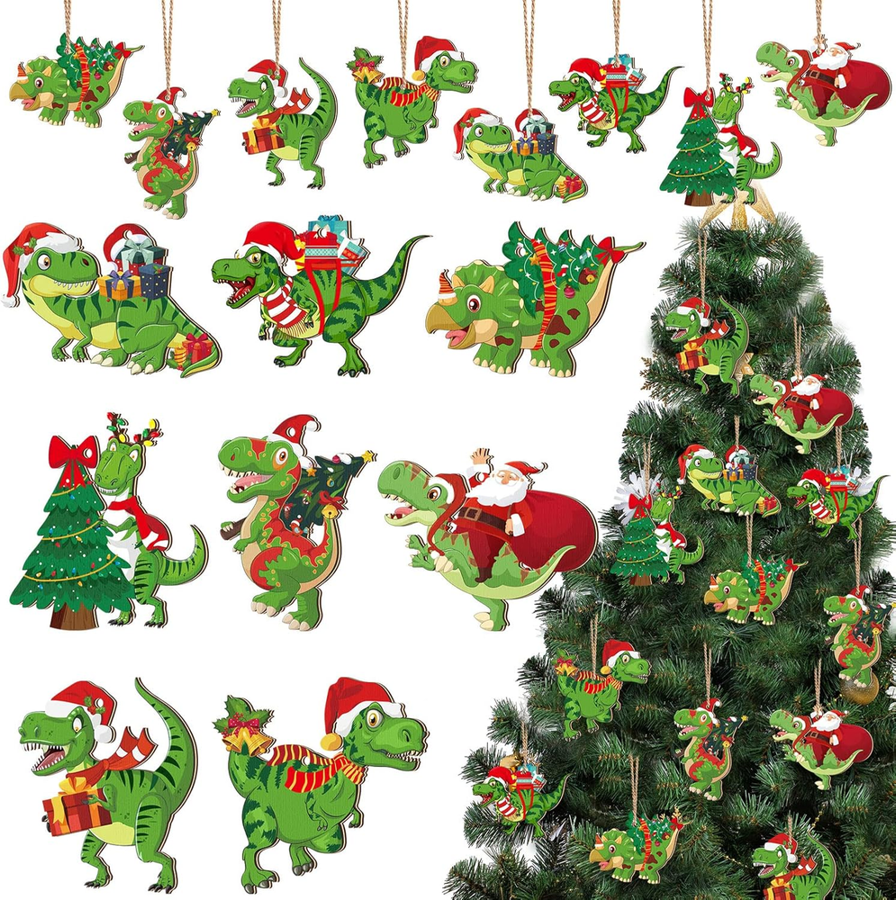 40 Pcs Christmas Dinosaur Ornaments Christmas Tree Topper Ornaments Wood Decorat