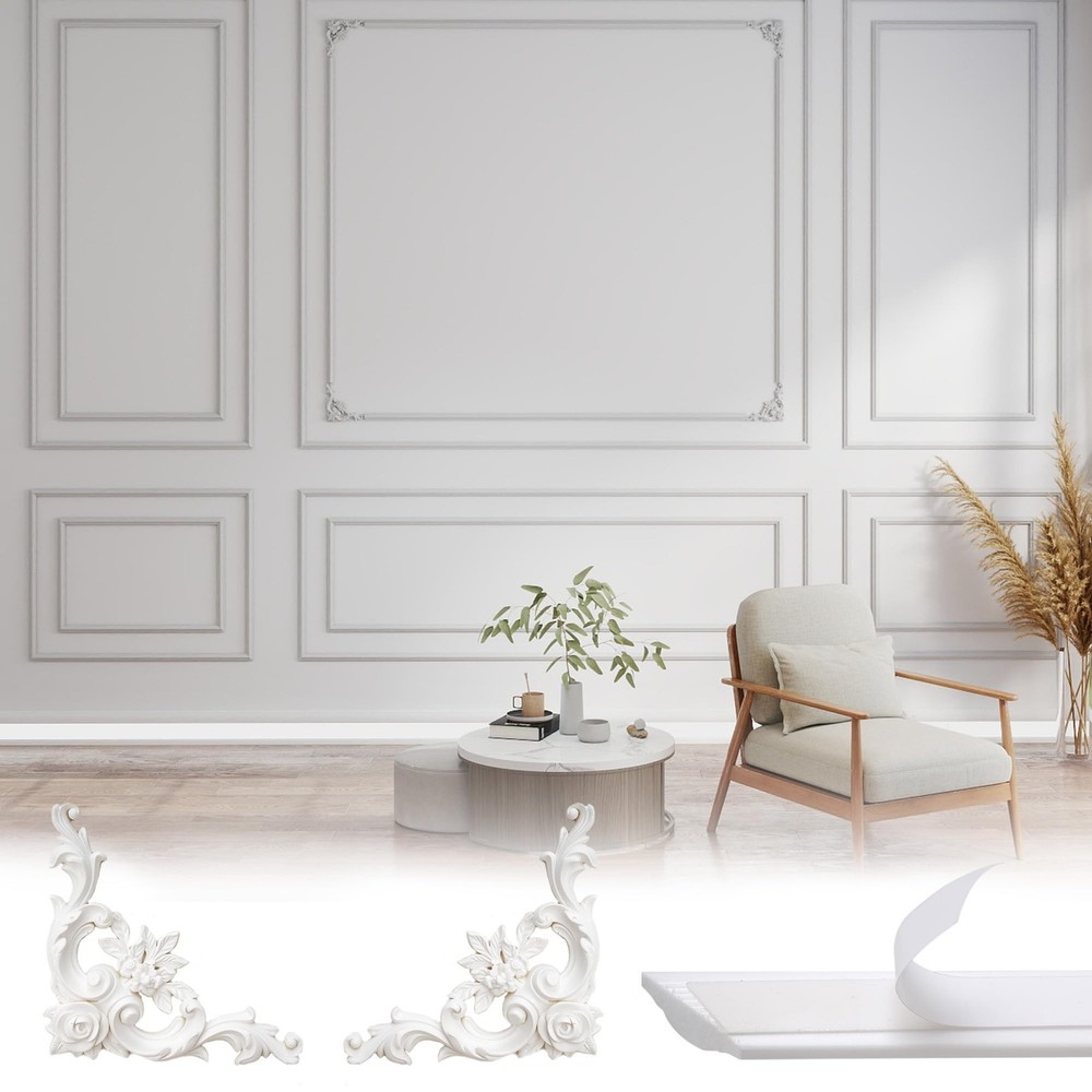 RDUIGT Peel and Stick Wall Molding Trim with Corner Flower, 3D Premade Self-A...