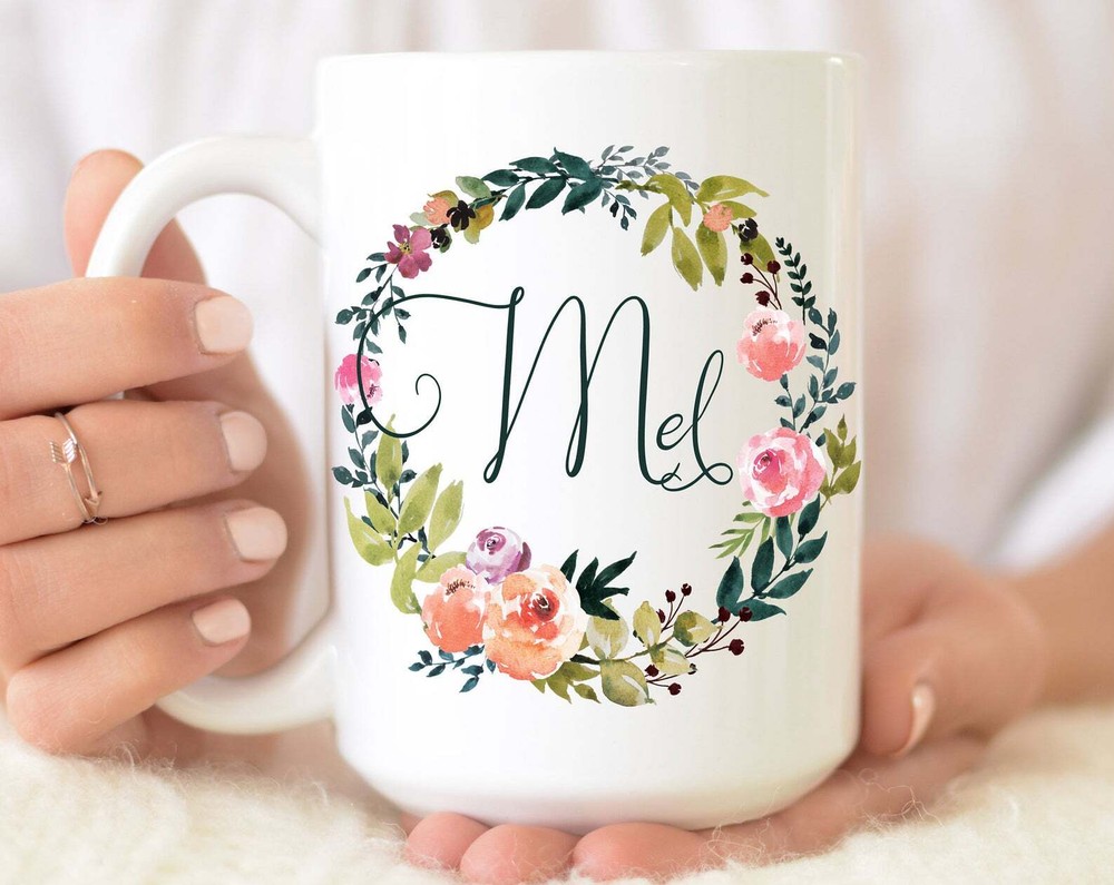 Personalized Floral Wreath Mug Custom Name Mug Flower Mug Monogrammed Mug Gifts
