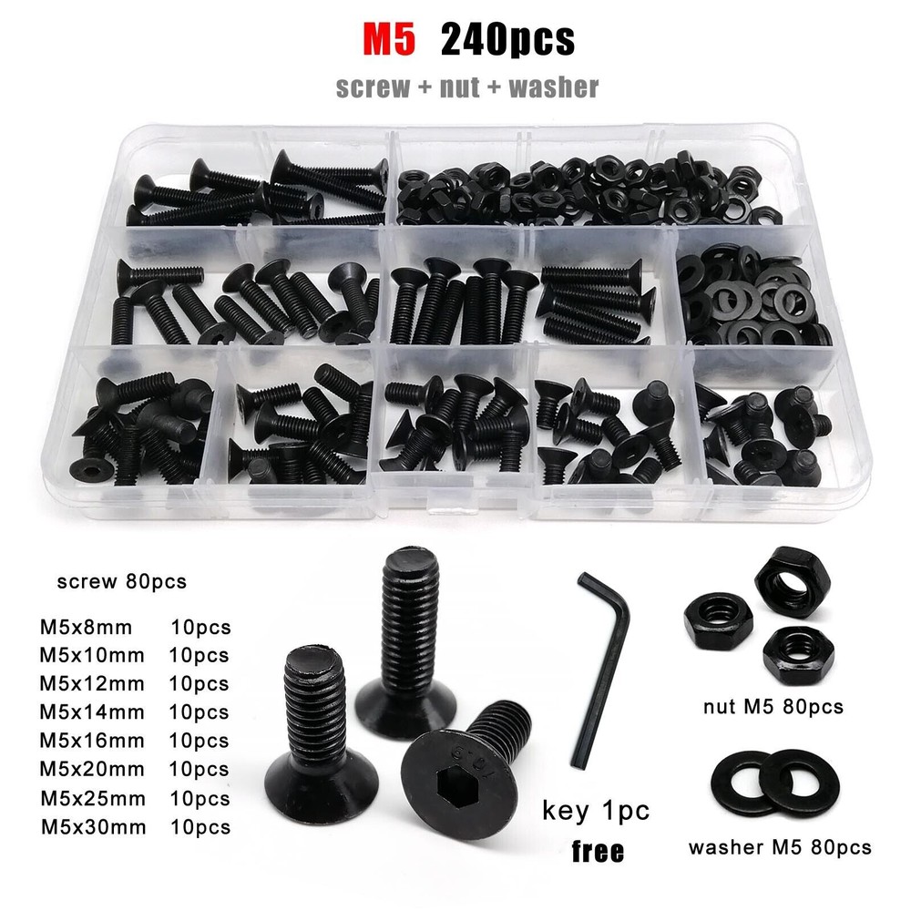 M2-M8 Hexagon Hex Socket Flat Countersunk Head Screw Bolt Set grade 10.9 Steel