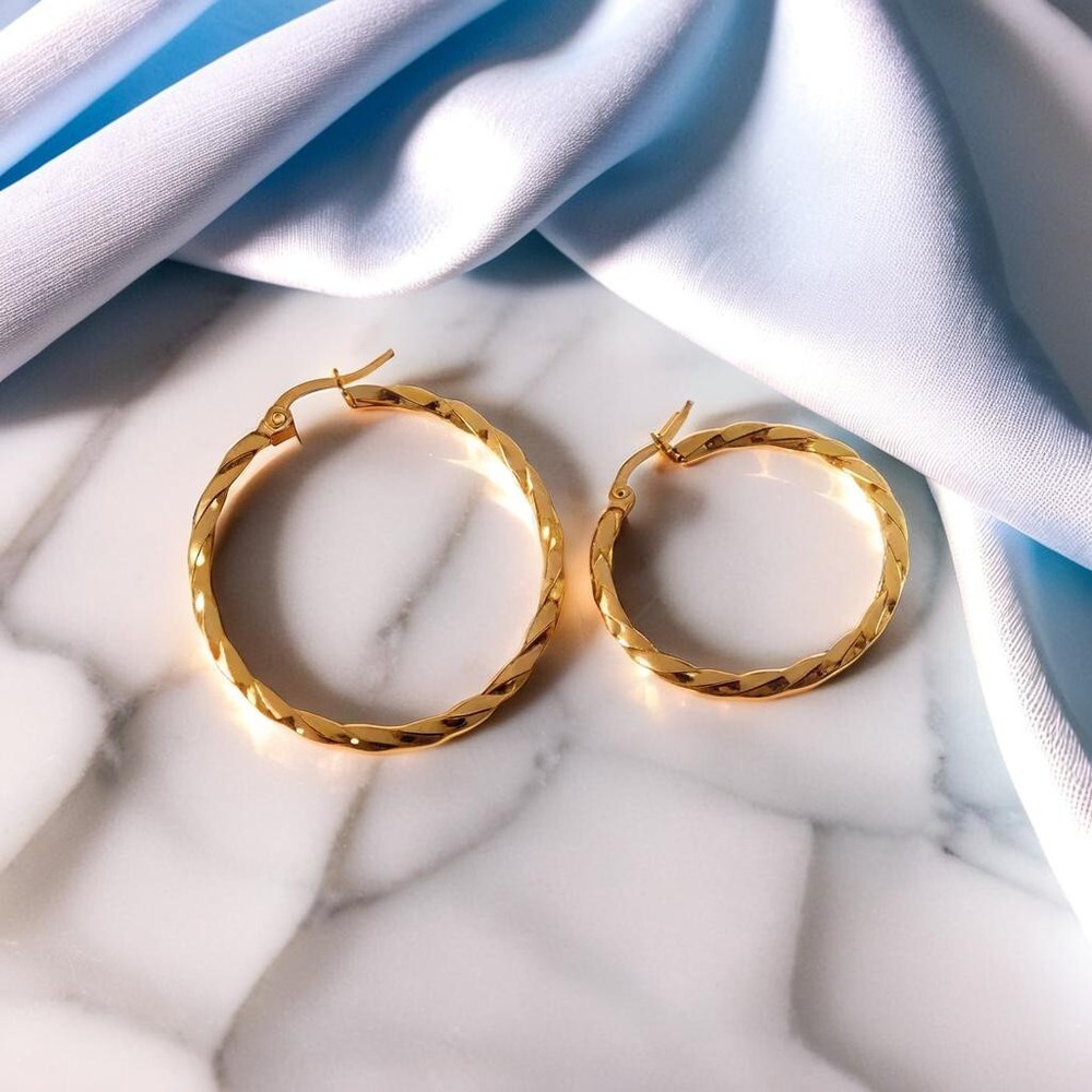 Yellow Gold Dangle Hoops, Unique Twisted Earrings, Everyday Jewellery for Women