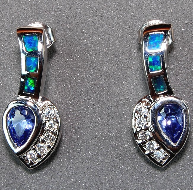 Blue Sapphire & Australian Opal 925 Sterling Silver Earrings Jewelry EO2