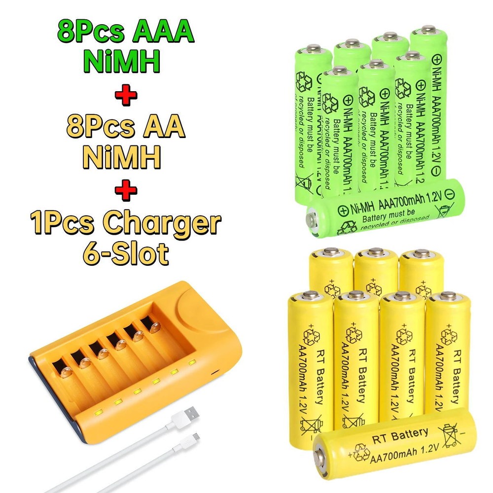 8Pcs AA & AAA 1.2V Ni-MH Rechargeable Batteries with 6-Slot Smart Charger
