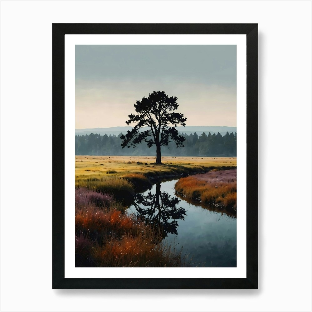 Lone Tree in Field Framed Wall Art Canvas Print Poster Picture