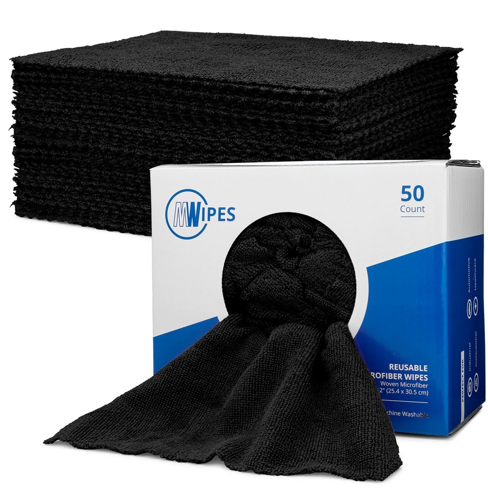 Heavy-Duty Black Microfiber Shop Towels - 50 Reusable MWipes Rags per Box