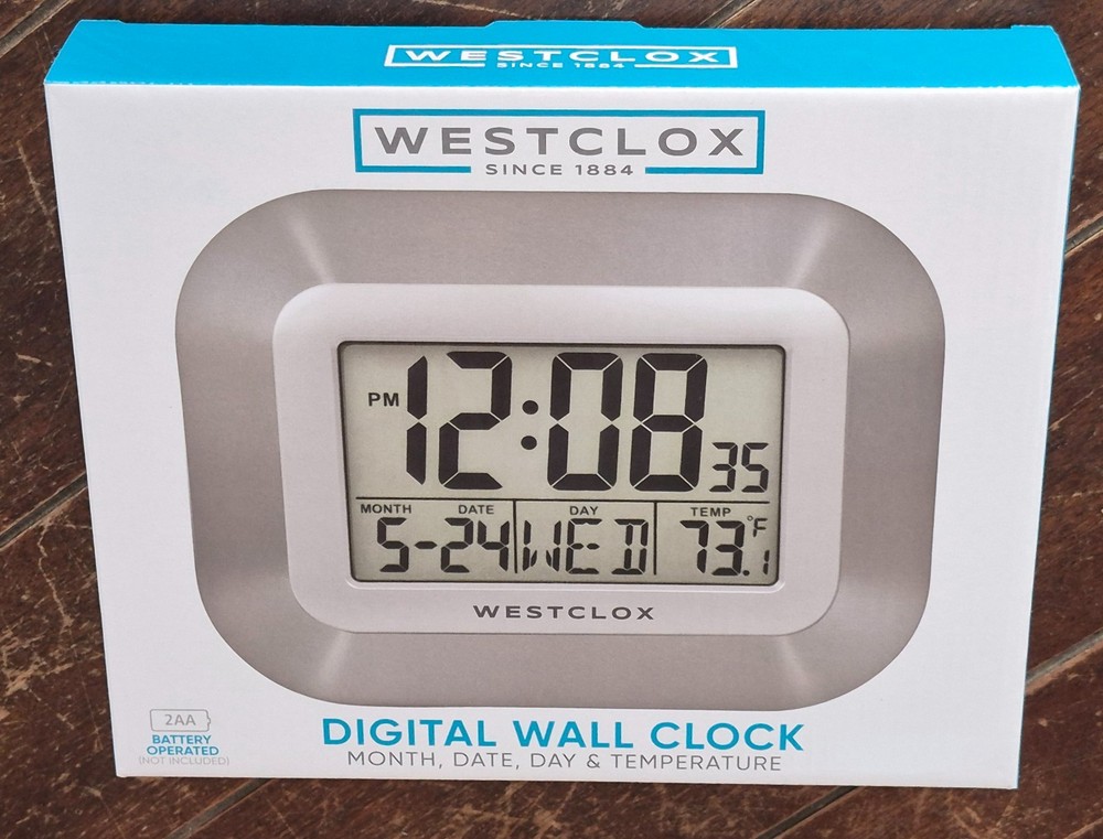 Westclox *Silver* Digital Wall Clock Month Date Day & Temperature #55006S