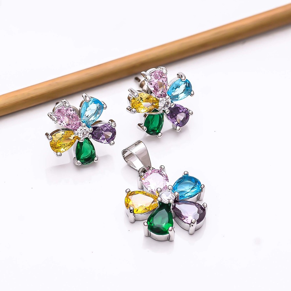 Multi & CZ 925 Silver Handmade Pendant Earring Set PS80512, Christmas Gift