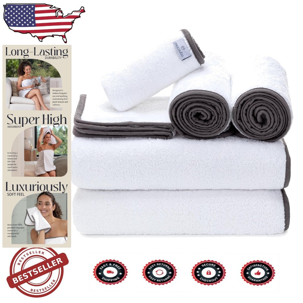 Luxury 6-Piece Cotton Bath Towel Set - Ultra Soft Absorbent White Grey
