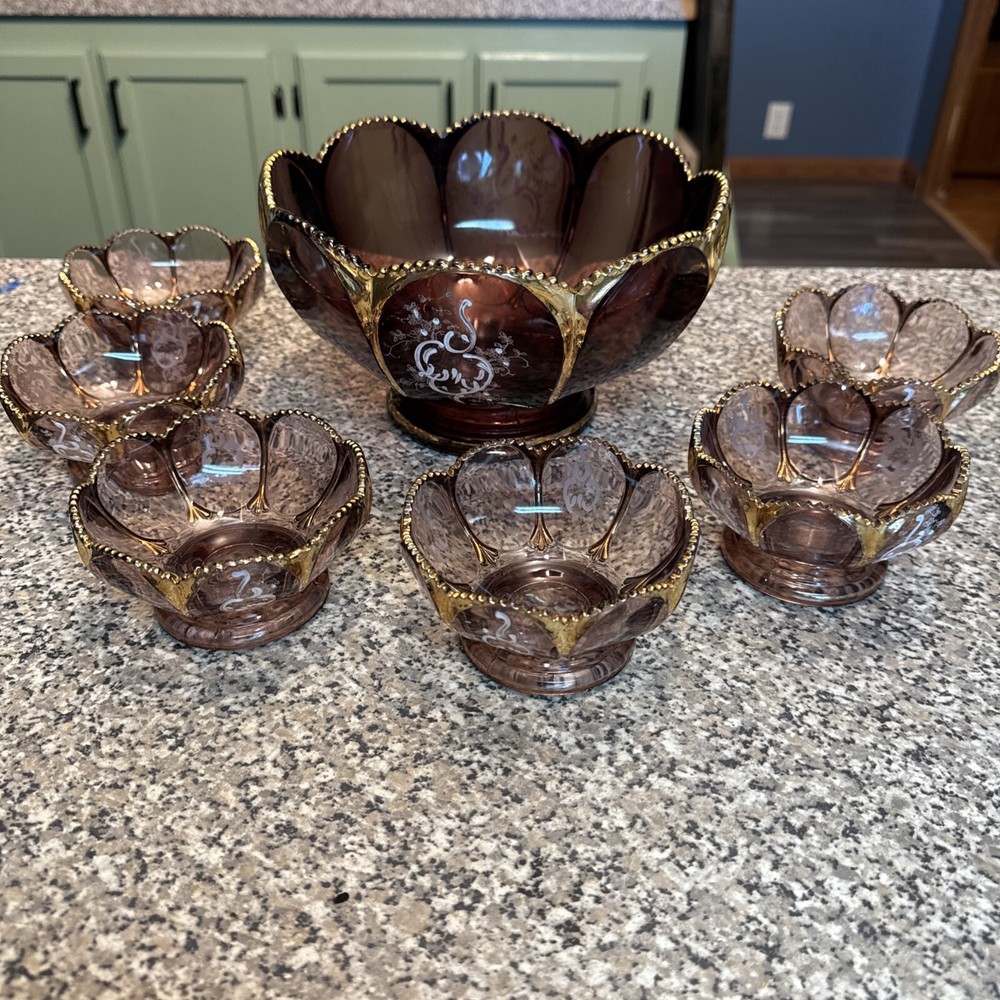 antique vintage northwood amethyst Large Glass Bowl & 6 Dessert Bowls Leaf