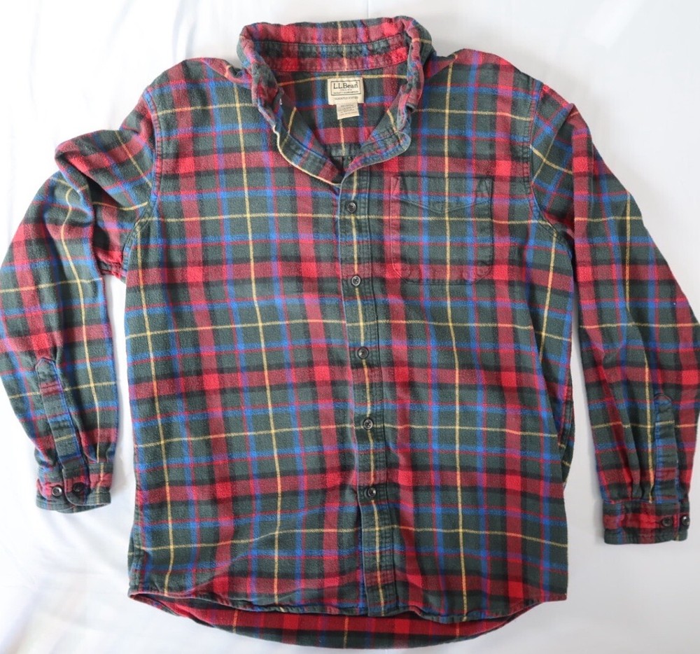 LL Bean Men's Large Blue Scotch Plaid Slightly Fitted Outdoor Camp Shirt