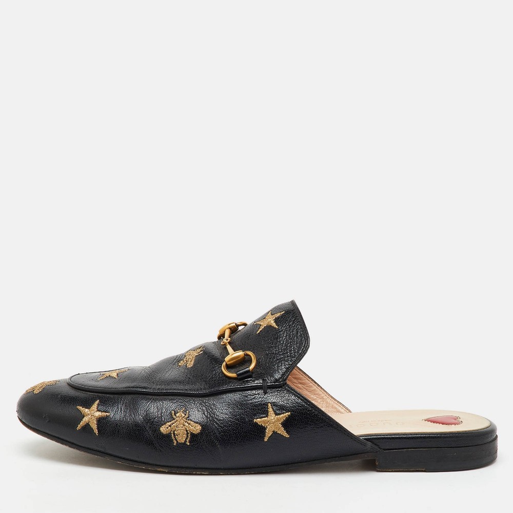 Gucci Black Leather Star Bee Embroidered Horsebit Mules Size 39