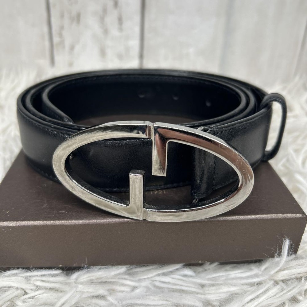 Gucci GG Logo Leather Belt Silver Black Buckle Preowned