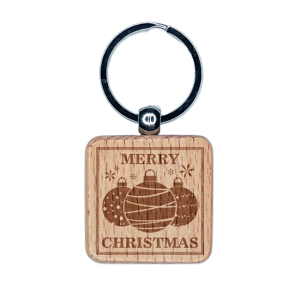 Engraved Wood Square Christmas Ornament Keychain Charm Tag  