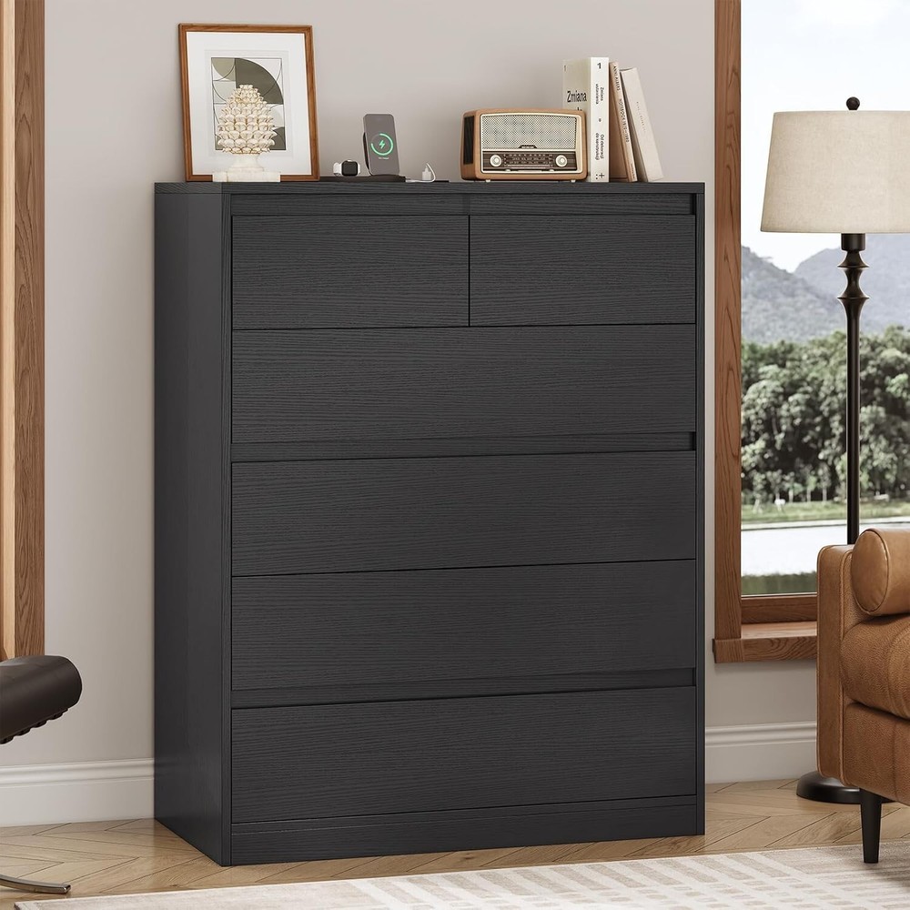 Black Dresser for Bedroom, Modern Tall Dresser with 6 Drawers & Charging Station