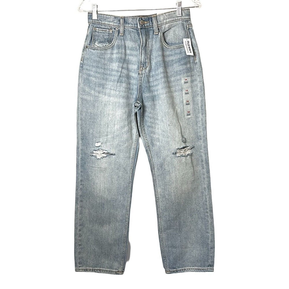 Old Navy Jeans Girls Size 14 Blue High Rise Straight Leg Light Wash Distress NEW