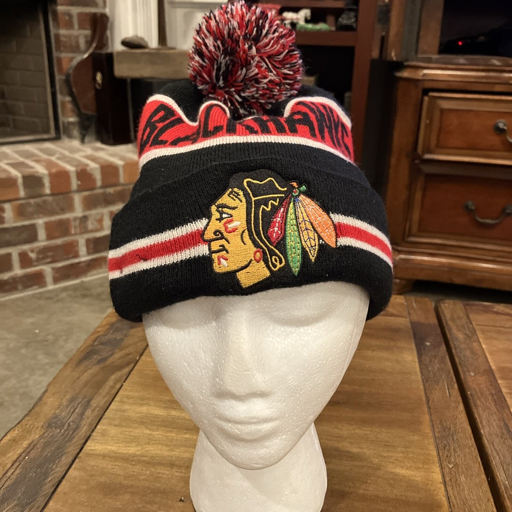 Chicago Blackhawks Beanie Hat Mens Black Red NHL Hockey Puff Stocking Logo