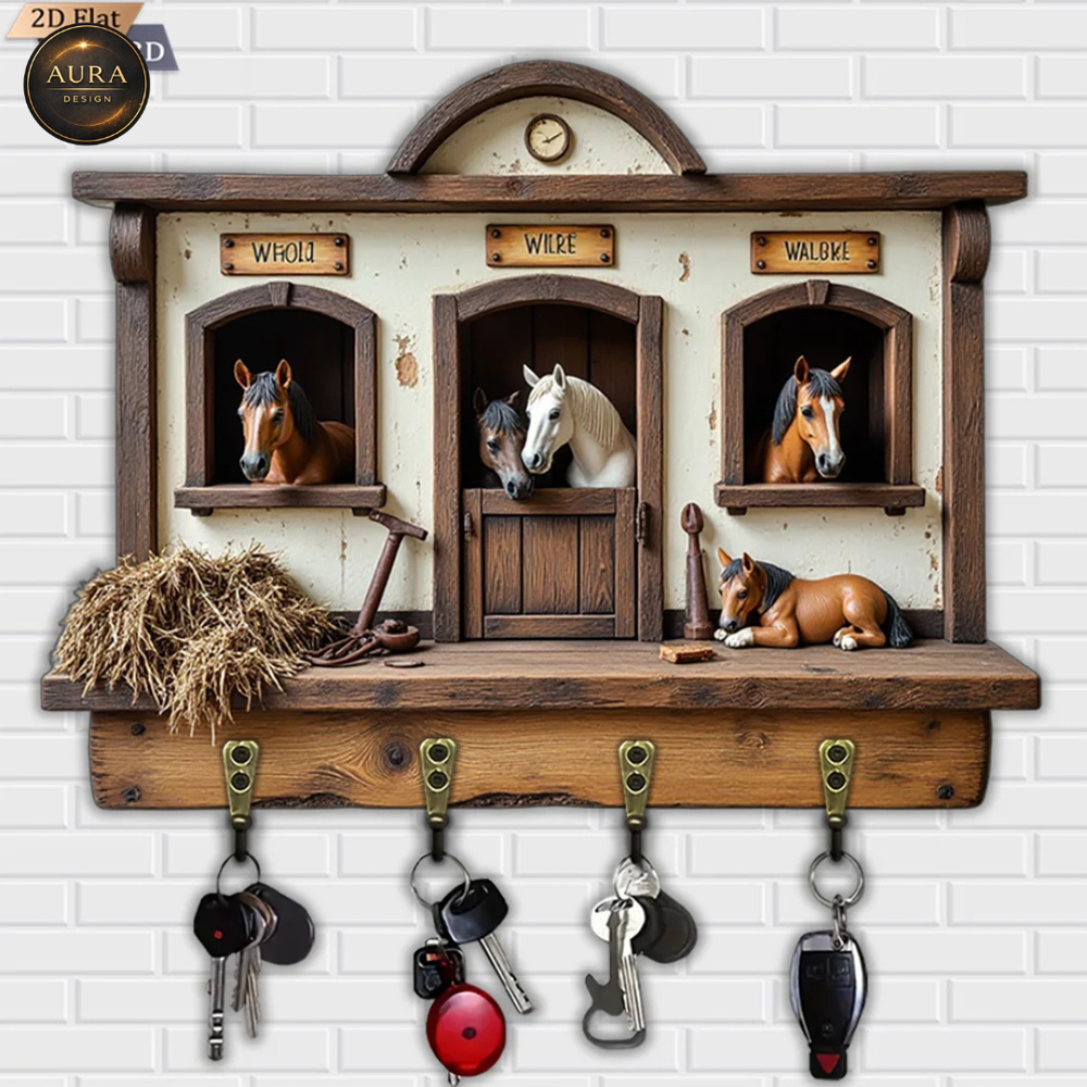 Wall Keychain 30cm - Horse Stable Organizer 2D 4 Hooks Entrance
