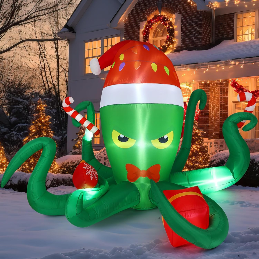 10FT Christmas Inflatables Green Octopus 2025 NEW LED Outdoor Decoration