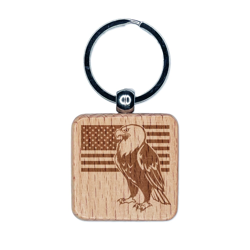 Bald Eagle American Flag Patriotic Engraved Wood Keychain Charm