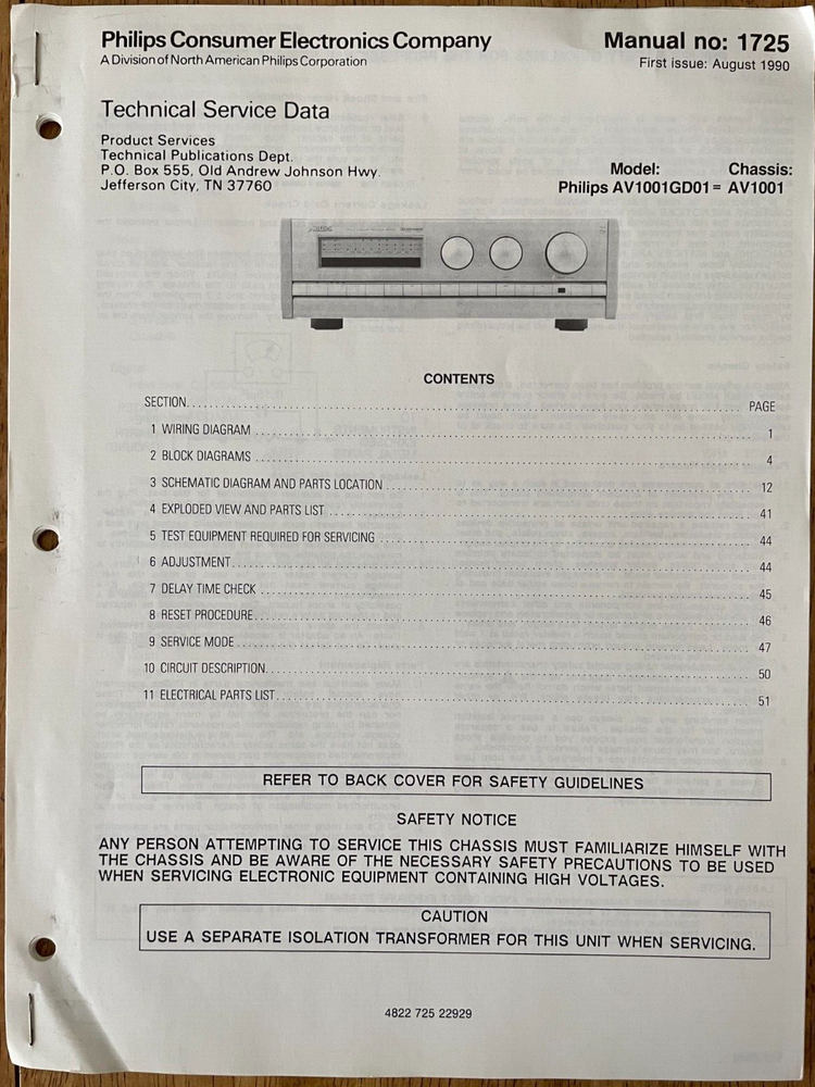 PHILIPS 1725 AV1001GD01 AV1001 AMPLIFIERS ORIGINAL SERVICE REPAIR MANUAL