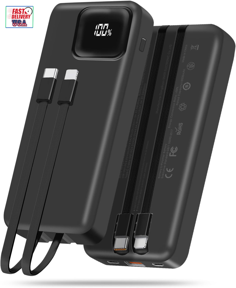 Portable Charger, 10000Mah Power Bank with 2 Built-In Cables, 22.5W Fast Chargin