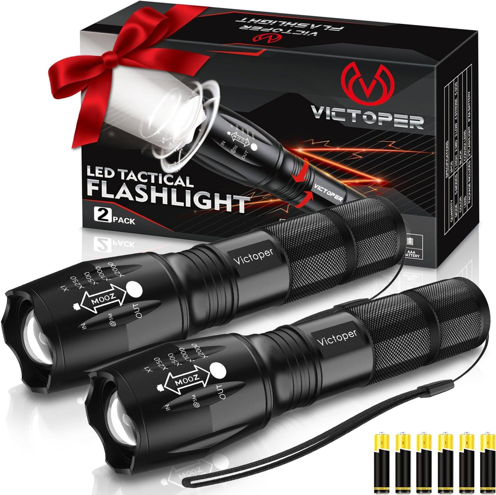 LED Flashlight 2 Pack, Bright 2000 Lumens Tactical Torch High Lumens with 5 Mode