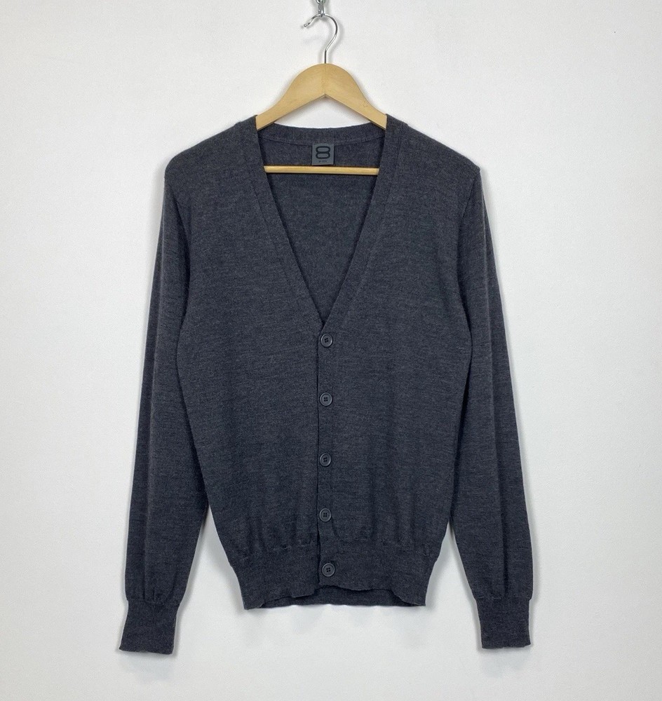 8 By Yoox V-Neck Merino Wool Cardigan Sweater Jumper Men’s Size M Gray Designer
