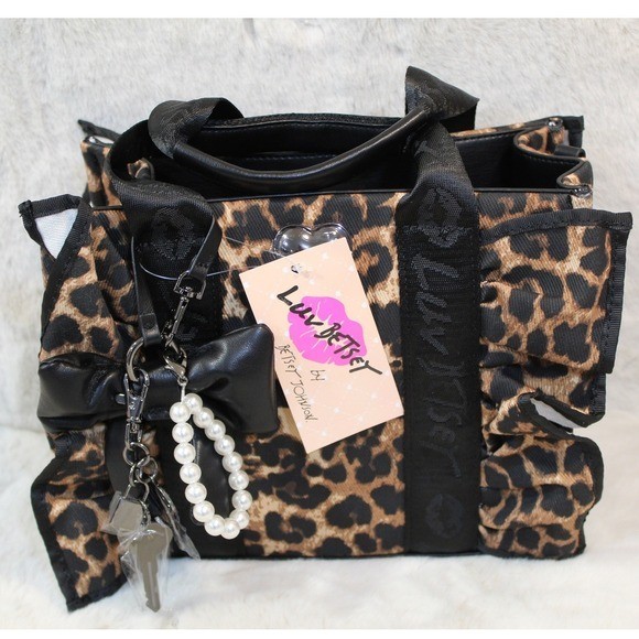 Betsey Johnson Leopard Tote Crossbody Shoulder Bag NWT Heart Bow Chain