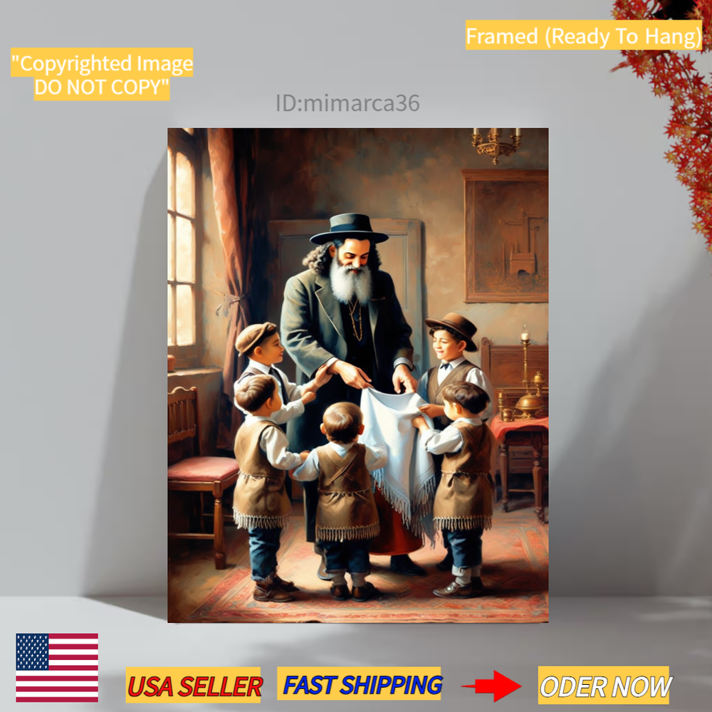 Judaica Man Blessings Three Children Painting Wall Art Canvas Print Art - framed