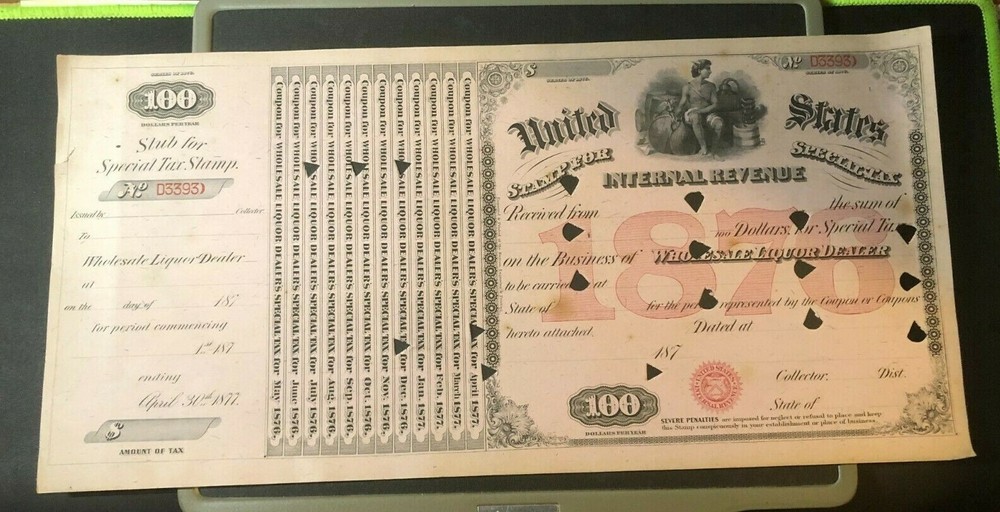 1876 US Wholesale Liquor Dealer Internal Revenue Tax Stamp $100 Coupon-image