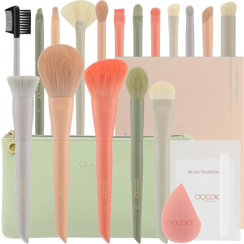 Makeup Brushes 17 Pcs with Makeup Bag and Makeup Sponge and Brush Protector Mora