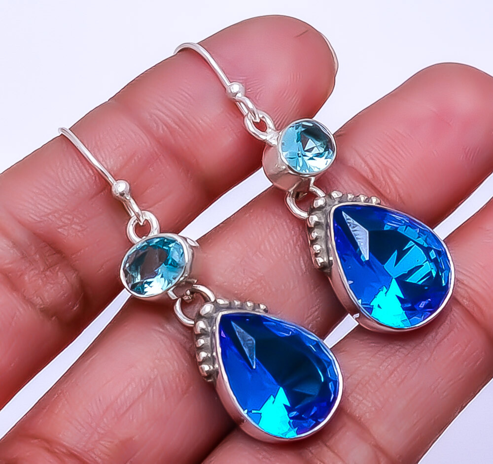 Blue Topaz Designer Handmade 925 Sterling Silver Earring 1.72