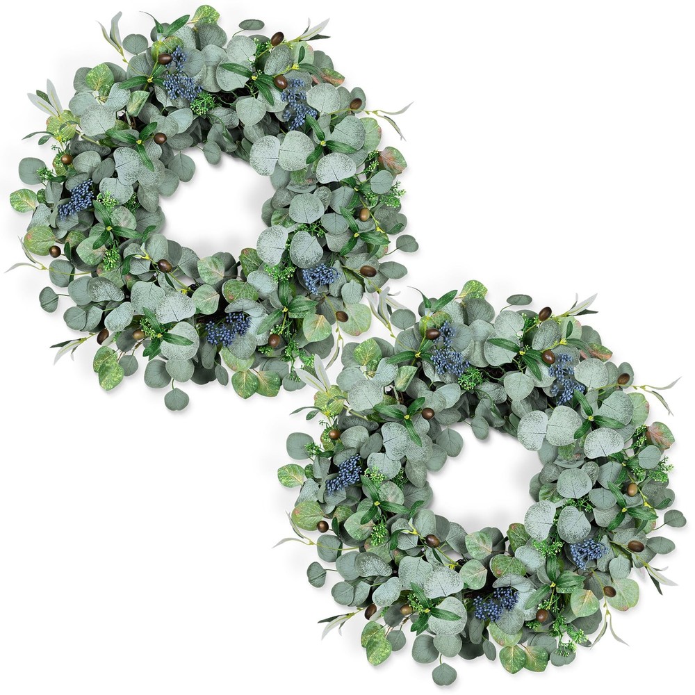 24-Inch Eucalyptus Wreath Set of 2 for Front Door with Olive Branches