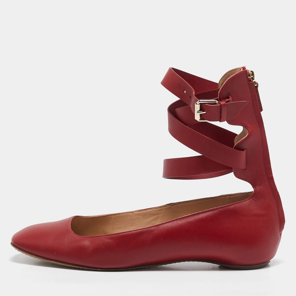 Valentino Red Leather Ankle Strap Ballet Flats Size 40