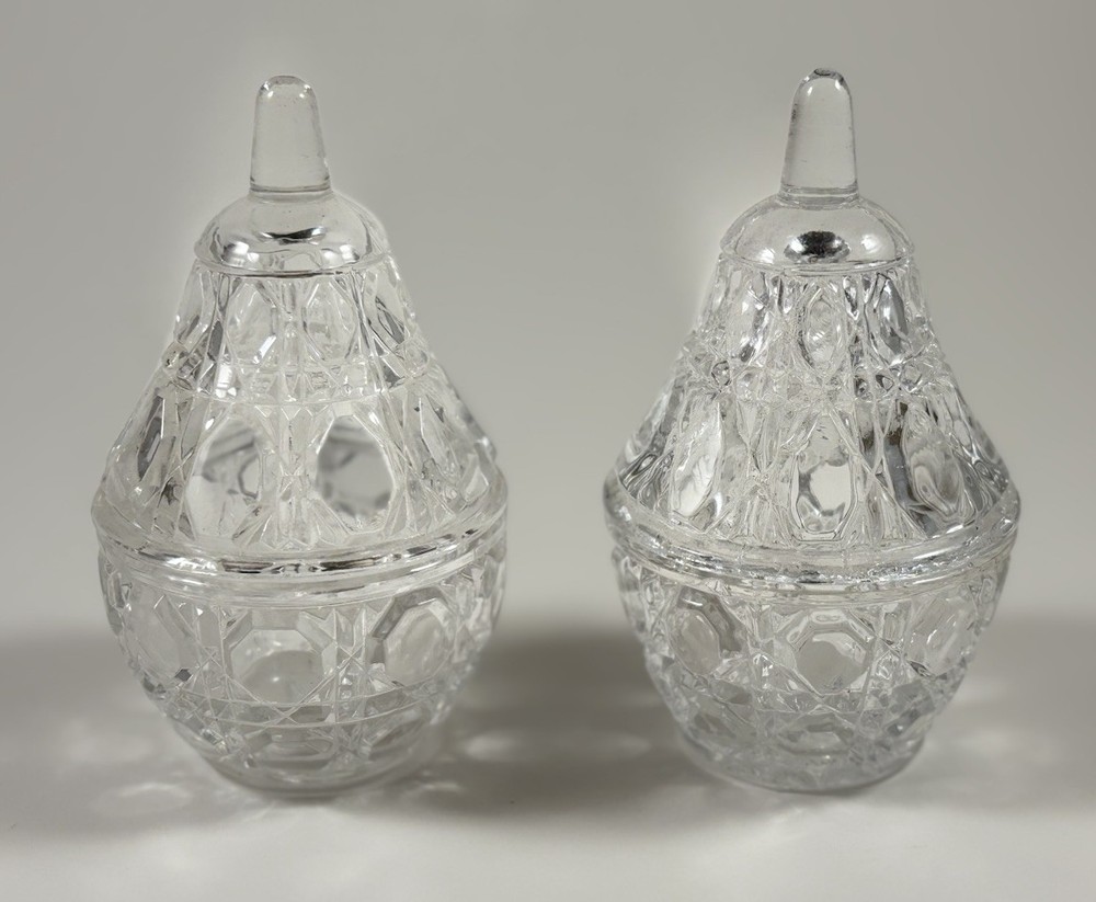 Vintage Crystal Pear Lidded Candy or Trinket Dish Set Of 2