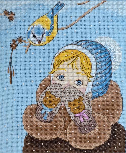 Cross stitch kit - Girl and titmouse 18,5x21cm Blue Aida 14ct needlepoint kit