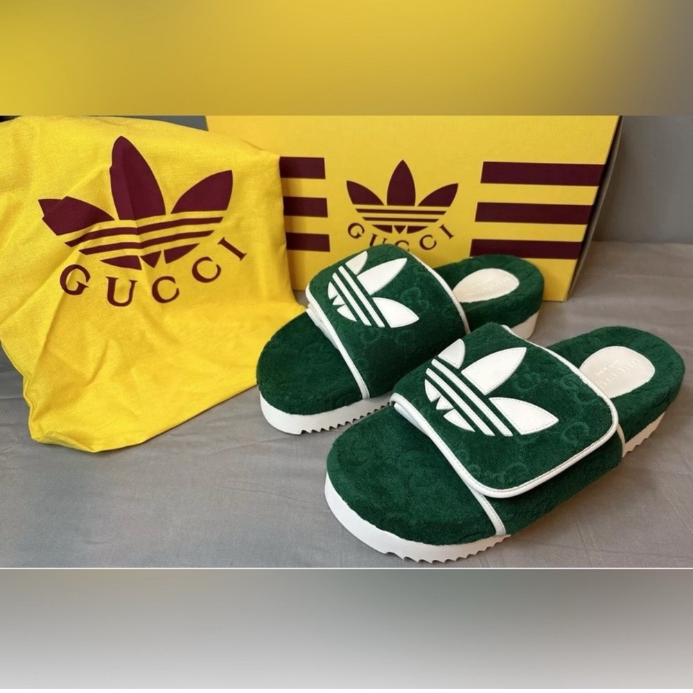 Gucci x Adidas GG Platform Slides Sandals Green Mens Size 9 US 9.5