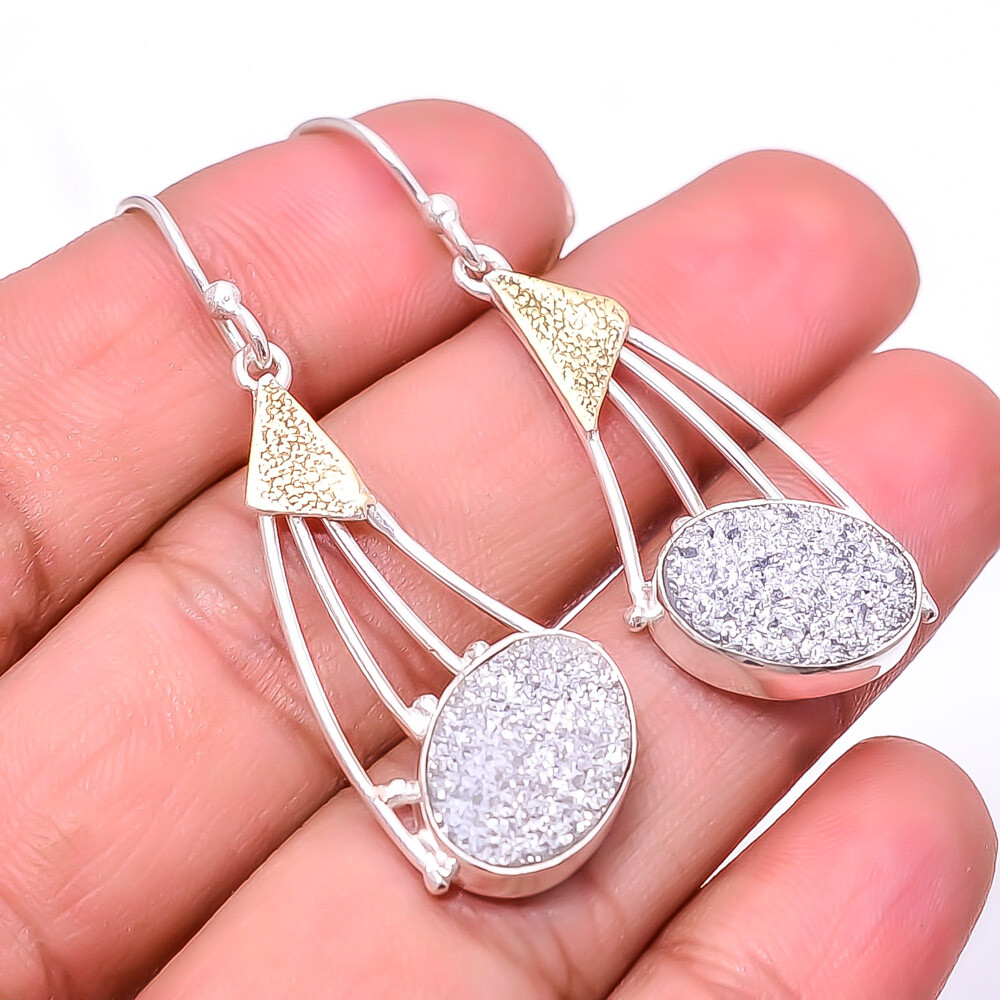 Silver Titanium Agate Drusy 925 Sterling Silver Two Tone Earring 1.95