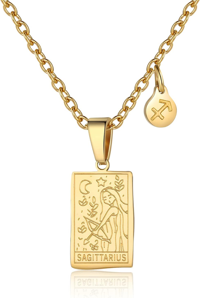 Zodiac Sign Necklace for Women - Double-Sided Gold Constellation Tarot Pendant