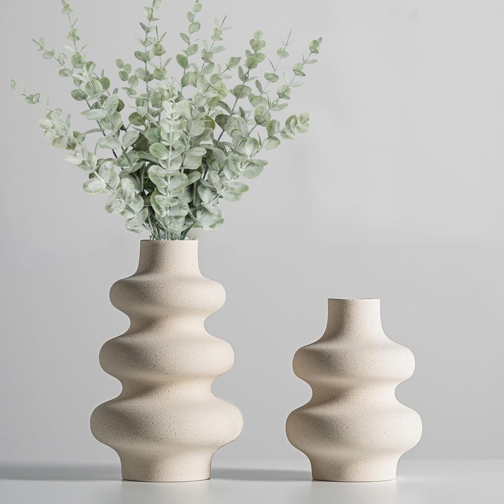Ceramic Vases Set 2, Modern Home Decor,Off White Round S&L, Off