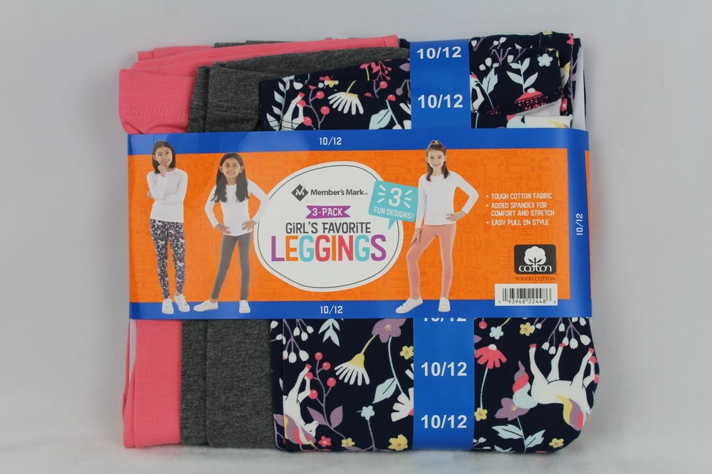 Members Mark Girls Unicorn Print Leggings 3-Pack Grey Rose Sand Size 10/12-image