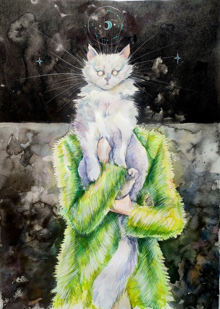 Original Watercolor Painting Cat Painting Dark Fantasy Wall Art